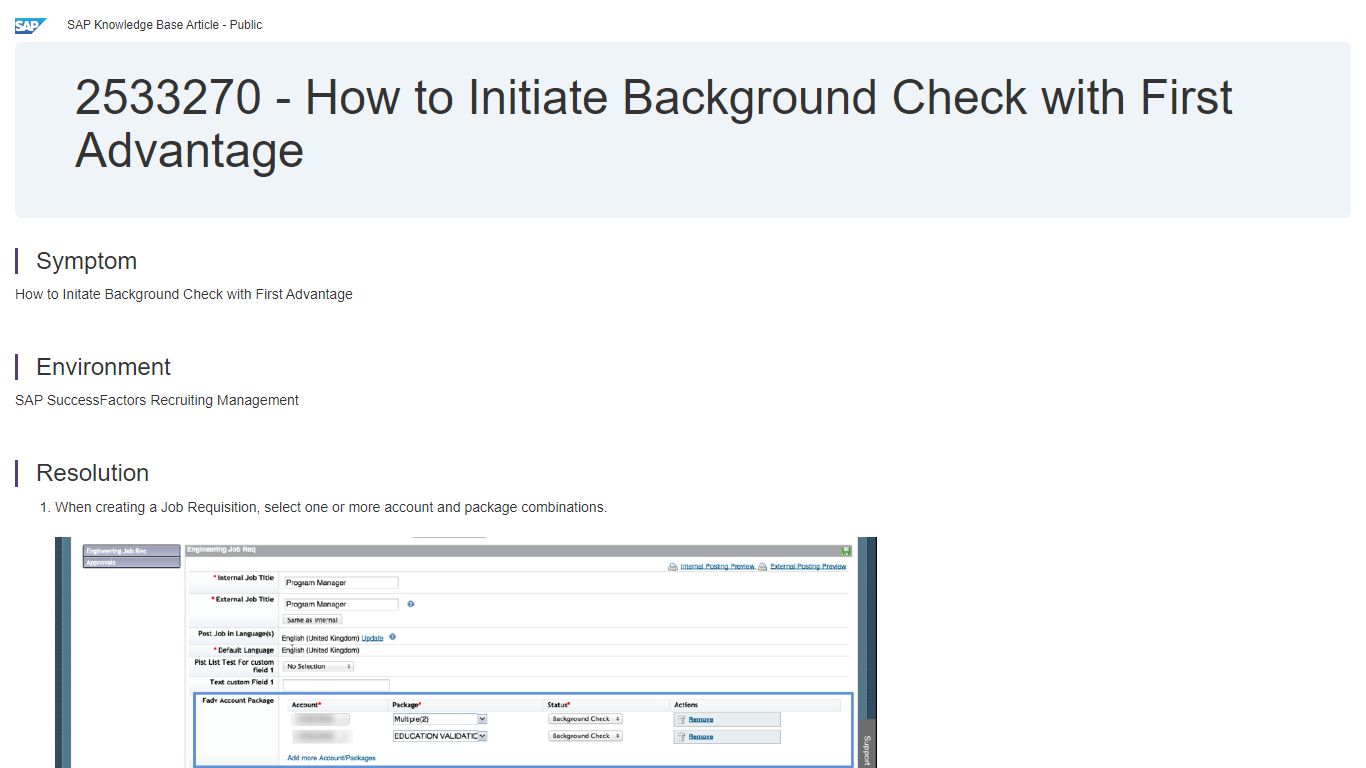 2533270 - How to Initiate Background Check with First Advantage - SAP